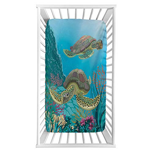 Image of Sea Animals Fitted Crib Sheet,Illustration of Two Sea Turtles Swimming Underwater Aquatic Wildlife Colorful Microfiber Silky Soft Toddler Mattress Sheet Fitted,28"x 52"x 8'',Baby Sheet for Boys Girls