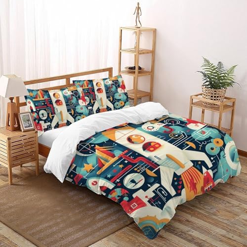 Housse de couette enfant facile d'entretien lit double motif fusée