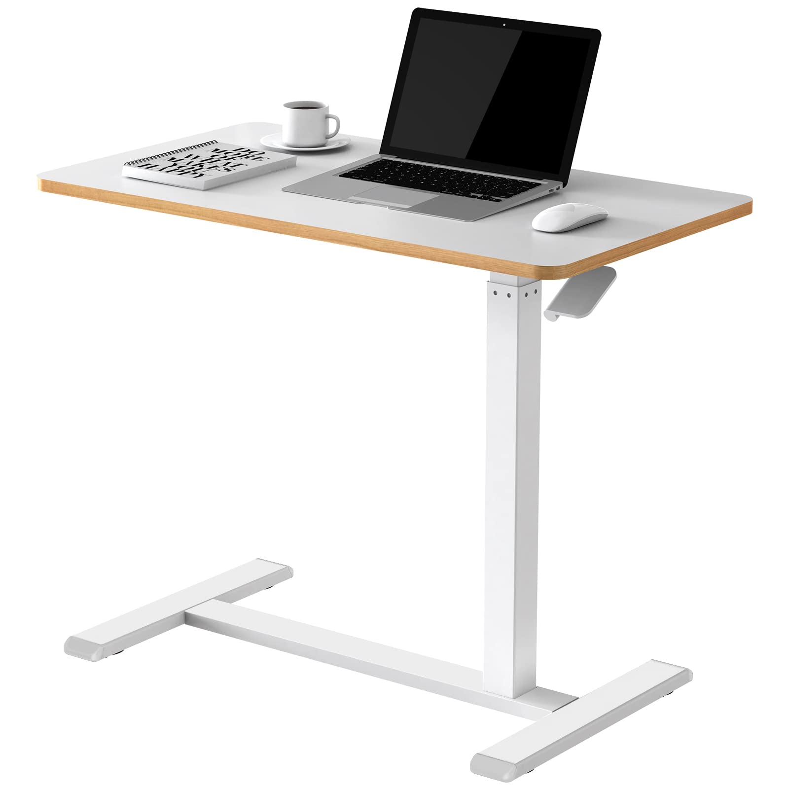 SANODESK Medical Adjustable Overbed Bedside Table with Hidden Casters, Pneumatic Mobile Laptop Computer Standing Desk Cart with Tray, Hospital and Home Use(31.5" W x 17.7" D, White)