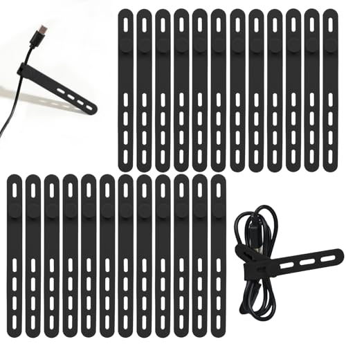 Donruby 24Pcs Silicone Cable Ties - Reusable & Washable with Locking Buckles, Adjustable Fastening Cable Management Straps, Multi-Purpose High Elasticity Cord Organizer (Black)