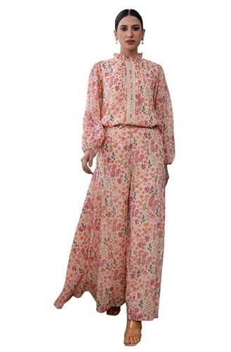 Janasya Indian Women's Georgette Beige Floral Print Casual Wear Co-ord Set for Women