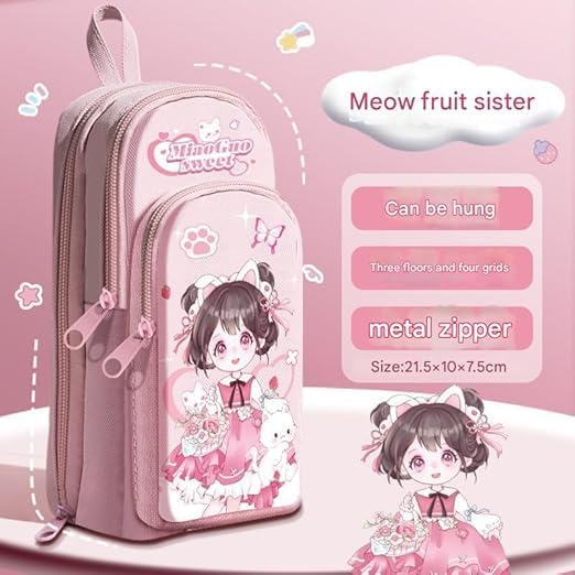 Image of Invite Enterprise Three Layer School Bag-Shaped Pencil Pouch, Large-Capacity Pencil Pouch with Zipper, Multipurpose Pen & Pencil Case for School Supplies for Boys & Girls (Pink Girl - Pouch)