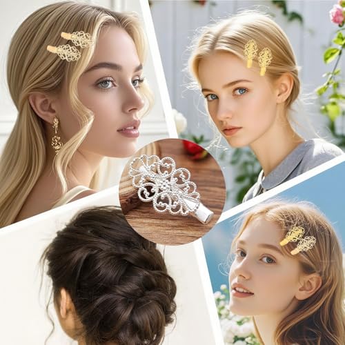 12 Pzs Pinzas Para El Cabello de Hierro en Forma de Flor Ovalada, con Diseño Retro de Flor Hueca y Patrón de Nube, Pinzas de Pato Elegantes en Plata, Oro y Cobre miniatura 5