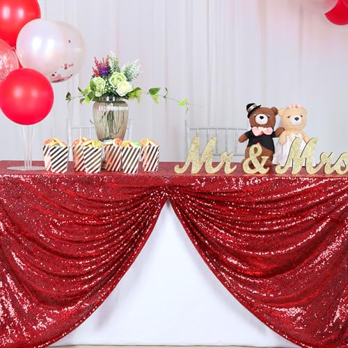 Image of B-COOL Red Sequin Tablecloth Parties Cloth Christmas Table Cloths 50x80 Inches Sequin Fabric Overlay Sparkly Sequined Fabric Holiday Decoration