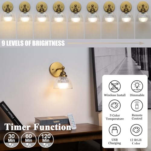 Image of Phansthy Industrial Rechargeable Battery Operated Wall Sconce with Remote Control, Clear Striped Glass Shade Wall Lamp, Vintage Dimmable Indoor Wall Light for Bedroom Living Room Restaurant (Antique)