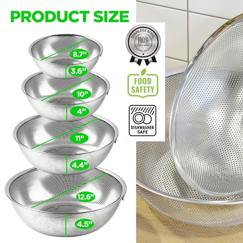 COMPORT K Premium 18/8 304 Stainless Steel Micro-Perforated Small and Big Colander Set of 4 with rings - 3.5-5.5-7.5-9.5 Quart Set, Self-Draining Solid Base for Pasta, Fruits, Vegetables by COMPORT K - Image 5