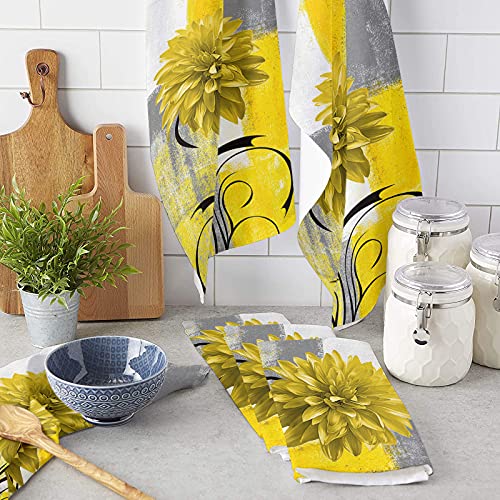Chic Decor Home Kitchen Towels Yellow Dahlia Flowers Tea Towel Microfiber Absorbent Washable Floral Abstract Gray White Hand Dish Cleaning Cloth For Kitchen Bathroom, 18 X 28 Inch, Dahlia4050, 2-Pack #TOP2