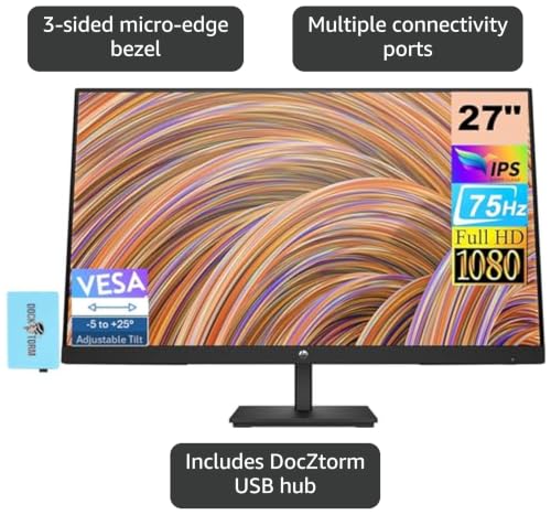 Image of HP Series 3 Pro 327pf 27 inch FHD IPS Monitor w /5ms Response Time (B0CG3UT#ABA) | Anti Glare, Flicker Free, VESA Mount (100mm), Displayport, HDMI & Dockztorm USB Port Expander, Black Color