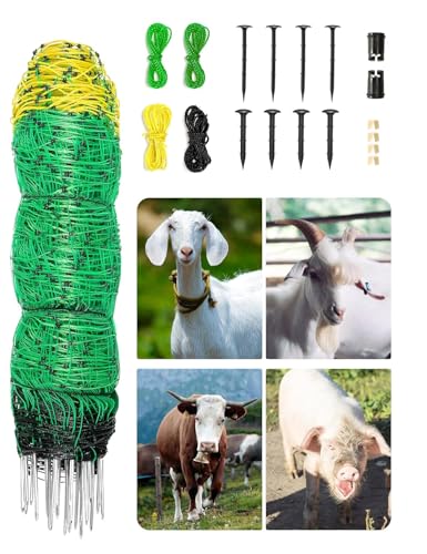 Electric Fence Netting 42.5 x 164 Electric Netting Fence PE Portable Electric Netting with 14 Posts Double Spiked for Sheep Goats Hog Lambs in Yard Farms and Ranches Animals Protection