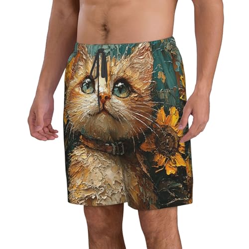 Men Swim Trunks Beach Shorts Swimwear Summer Bathing Suits - Sunflower Cat Art2