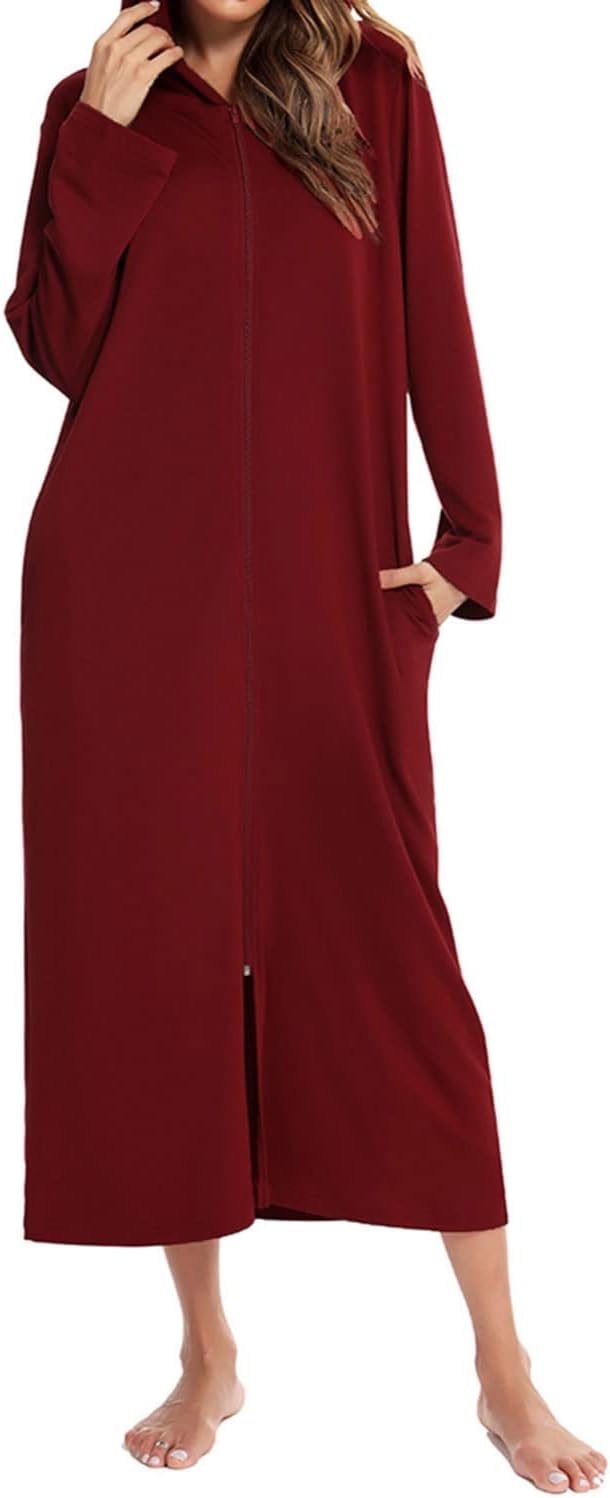 Women's Long Robe Zip Up Hoodie House Coat Pocket Long Sleeve Full Length Housecoat
