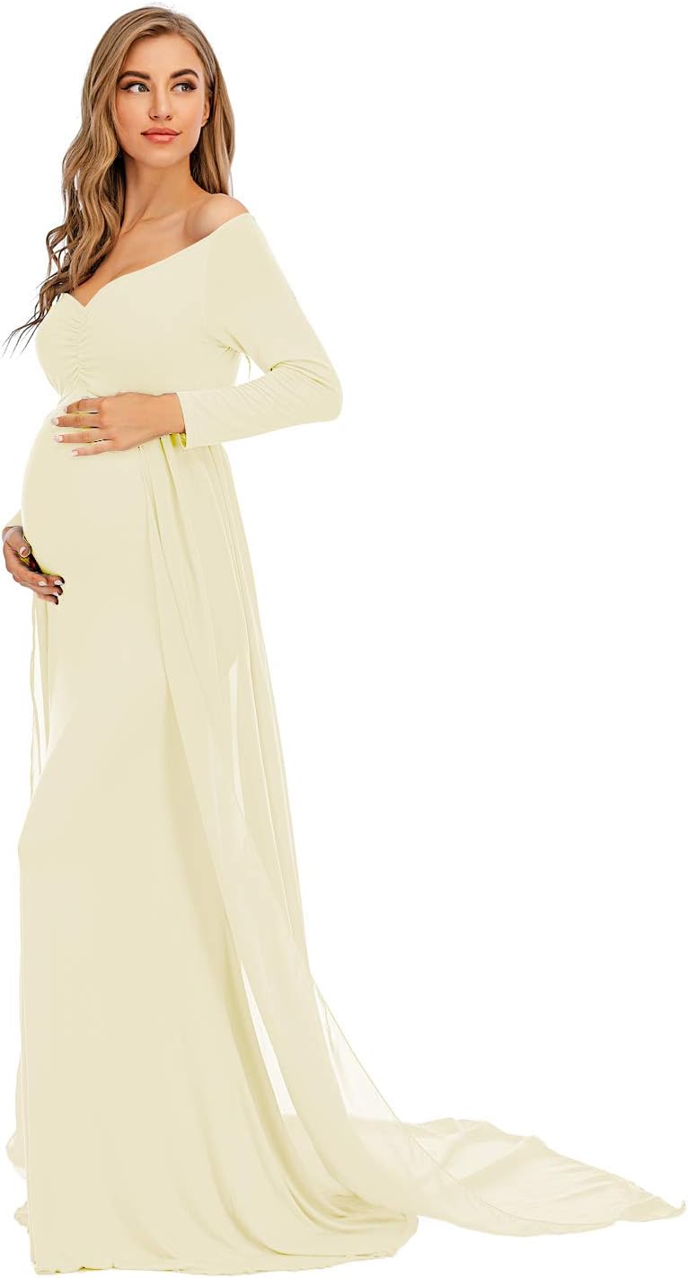 ZIUMUDY Maternity Off Shoulder Long Sleeve Fitted Gown Maxi Chiffon Dress for Photo Shoot Baby Shower - Image 4