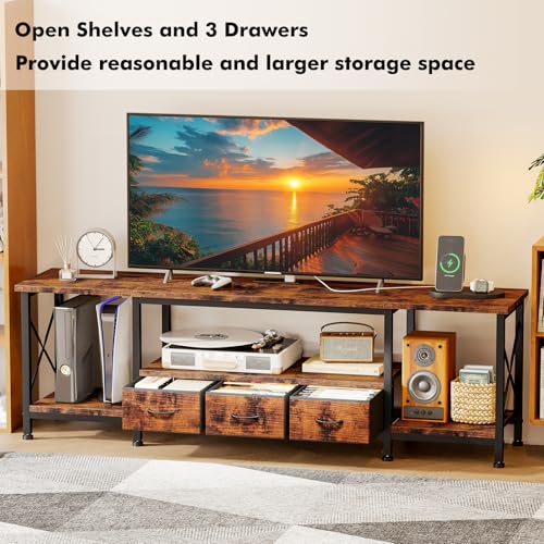 YGEOMER TV Stand for 75 Inch TV Entertainment Center with Power Outlets TV Console Table deepen with Fabric Drawers Metal Frame Storage Shelves and for Living Room, Bedroom 63" Rustic Brown