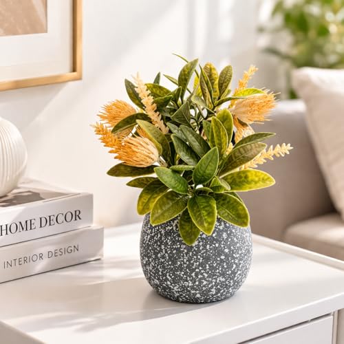 Image of Garden Art Artificial Protea Flower Arrangement Placed in a Small Decorative doted Pot. The Spiky, Cone-Shaped Bloom and Textured Petals are Typical of Protea Flowers (P-0235Peach)