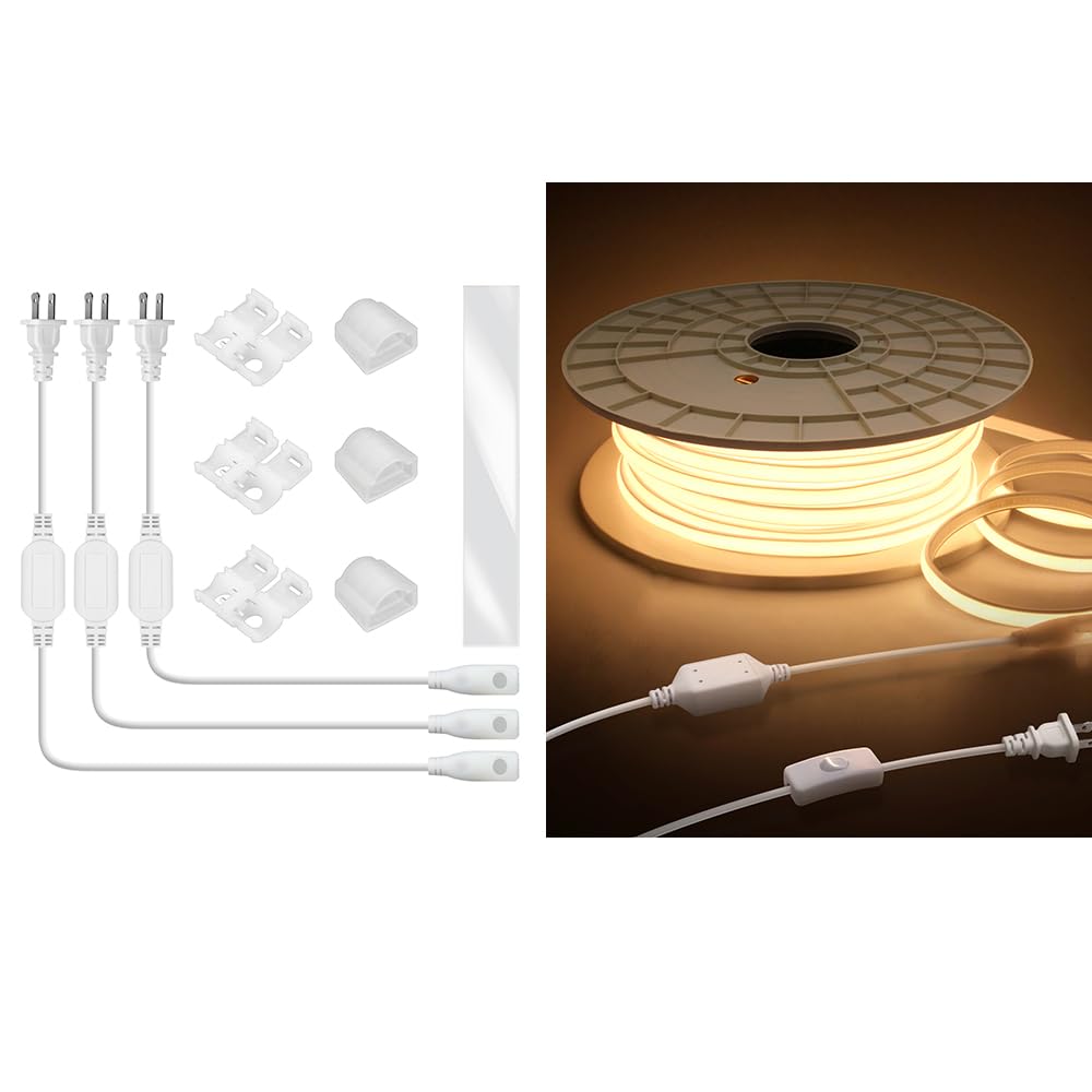 120V Led Rope Lights Outdoor Waterproof 150FT 3000K Flexible COB Led Strip Lights+ LED Strip Connectors Kit for Single Color AC 110V-130V 6.5 * 11mm COB LED Rope Lights Includes 3 Power Cords