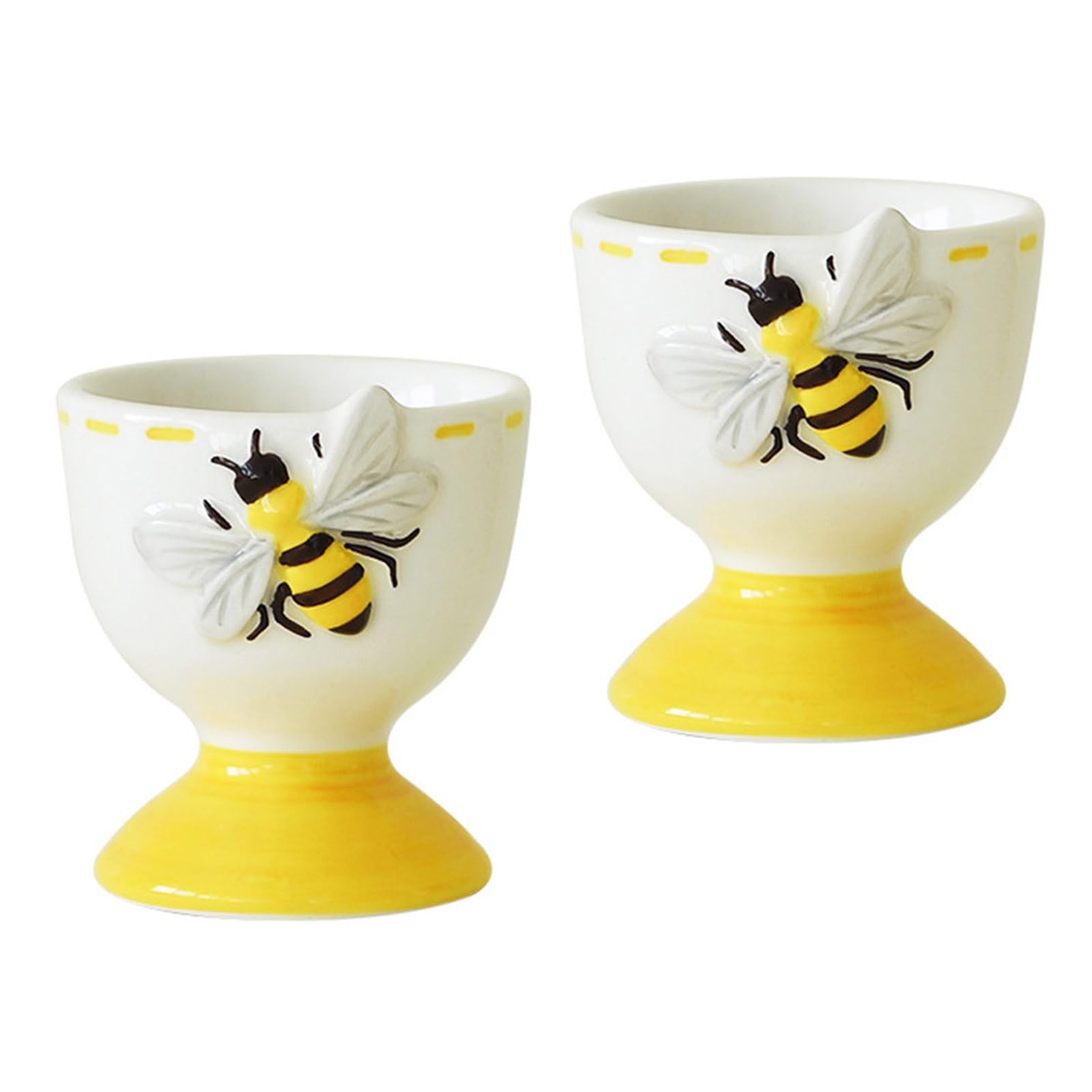 2Pcs Creative Embossed Bees Design Ceramic Eggs Cup Multifunctional Spring Home Decors Breakfast Tableware Accessories Ceramic Cup Tray with Artistic Bees Embossed Pattern Breakfast Holder Dining