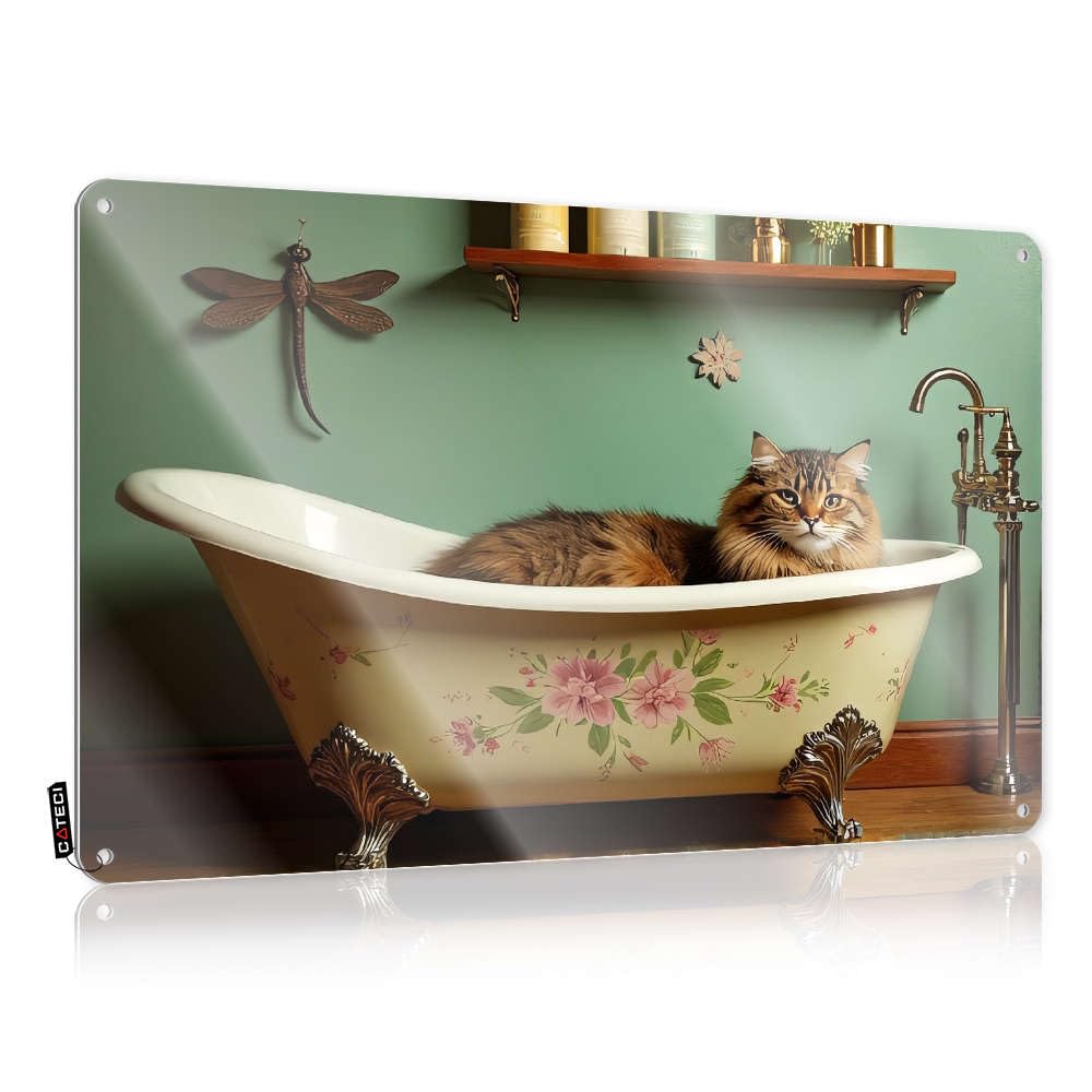 Sujd Colour Floral-Patterned Clawfoot Bathtub With Cat. Tinsign Dorm Hanging | Humorous Funny Sign Personalized Name Vintage Metal Wall Decor(30X40cm)