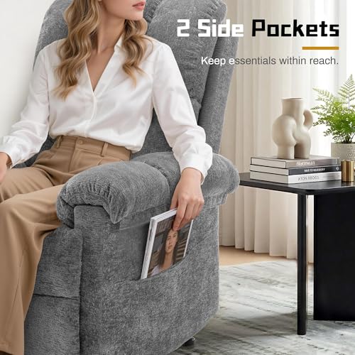 Image of Korser Recliner Chair, Living Room Recliner Chairs for Adults, Small Recliners for Small Spaces, Upholstered Manual Recliner with Side Pockets, Comfy Nursery Chair for Living Room, Chenille, Grey
