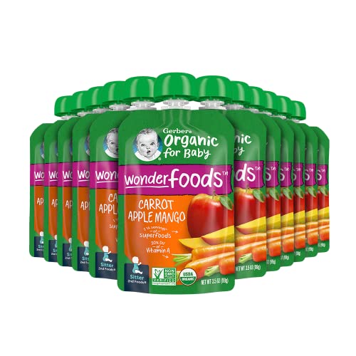 Gerber Organic Baby Food Pouches, 2nd Foods for Sitter, WonderFoods, Carrot Apple Mango, 3.5 Ounce (Pack of 12)