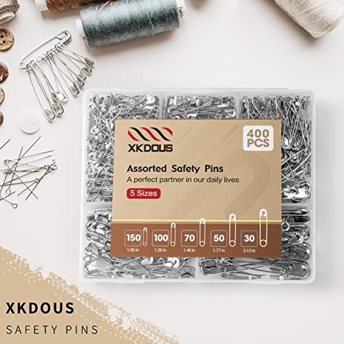 Image of XKDOUS 400 Pack Safety Pins, 5 Universal Sizes Heavy Duty Pins for Clothes | Small & Large Safety Pin Bulk, Silver Sharp Edge Fasteners for Clothing, Dress, Crafting