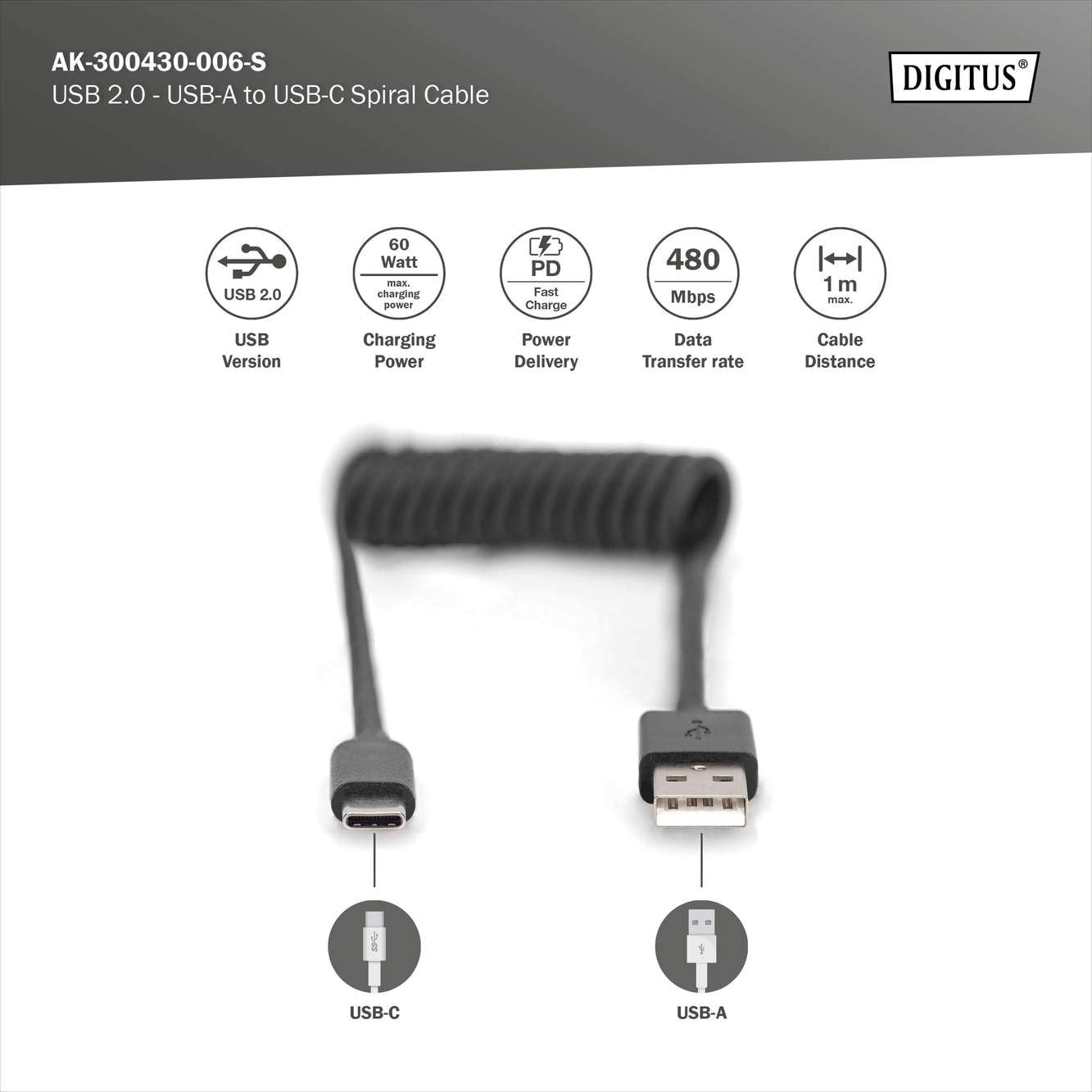 DIGITUS Kabel spiralny USB 2.0 – USB-A do typu C – 480 Mb/s – zasilanie 60 W – rozciągliwy do 1 m – do Android Auto i Carplay – czarny