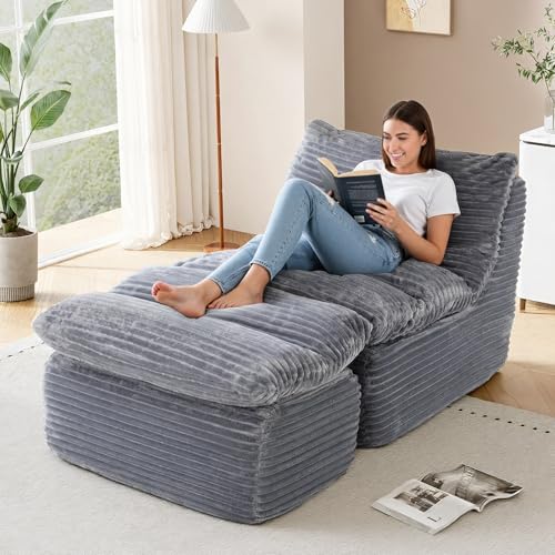 COLAMY Bean Bag Chair with Ottoman, No-Assembly-Required Lazy Floor Sofa Bed, Comfy Back Support Chaise Lounge Chair, Single Sofa Chair for Living Room Bedroom Office Apartment, Grey