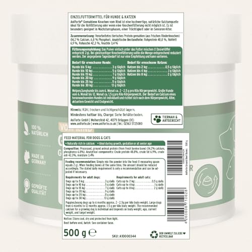 AniForte gemahlene Knochen bekannt als Fleischknochenmehl für Hunde und Katzen 500g - Natürliches Calcium für Knochenaufbau & Gelenke, Reines Knochenmehl vom Rind als Futter & Barf Ergänzung