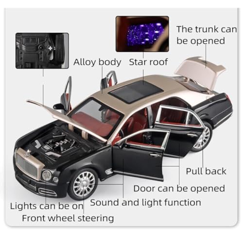 Image of Invite Enterprise 1:24 Bently Mulsanne Black /Brown Die-Cast Metal Pull Back Car with 6 Openable Doors with Sound and Light Toy Decoration car Best Gift Toys for Kids 【Black /Brown Color】