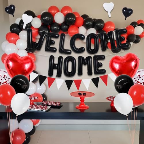 Image of TONIFUL 16 inch Black Red Welcome Home Balloons Banner Housewarming Party Decor