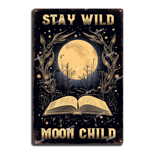 JIOBVTS Letrero de estaño de arte vintage con texto en inglés "Stay Wild Moon" para niños, decoración retro divertida para hombre, cueva, garaje, decoración de pared del hogar, 8 x 12 pulgadas