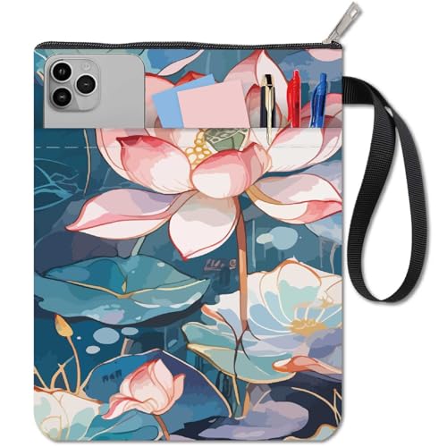 CRASPIRE Lotus Book Covers Flowers Book Protection Lotus Leaf Book Cover for Paperbooks Washable Book Cover Made of Fabric with Zip and Additional Sleeve Pocket for Book Lovers Gifts