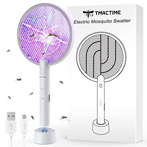 TMACTIME Electric Fly Swatter,4000V Electric Bug Killer with USB Charging 3 Layer Mesh Outdoor Indoor Fly Swatter Electric Zapper for Mosquitoes,Bees,Moths (White)