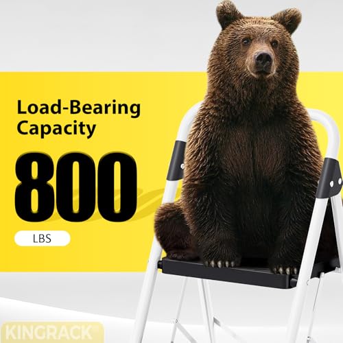 Image of KINGRACK 4 Step Folding Ladder, 800lbs Capacity Step Stool with Safety Lock, Non-Skid Wide Pedals, and Handrail, Lightweight, Household Ladder for Home, Kitchen, Pantry, Closets, and Office Use, White