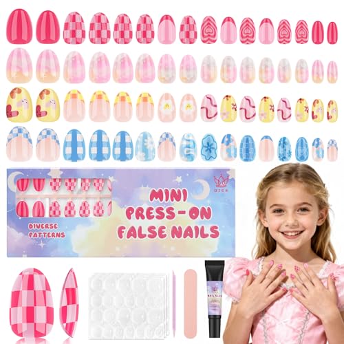 Qiek 16 Sizes 128 Pieces Press on Nails for Kids, 4 pack Kids Nail Kit Colorful Flower Almond Fake Nail Tips for Girls 8-12 Years Old with Jelly Nail Adhesives & Nail Glue Birthday Gifts Easter