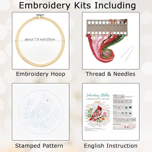 Image of Louise Maelys Cardinal Embroidery Kit, Cross Stitch Kit for Beginne | Animal Embroidery Starter Kit With Stamped Fabric, Hoop, Threads, Needles And Instructions For Adults,Easy Needlepoint