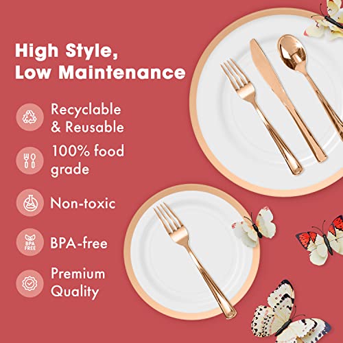 By Madee Heavyweight Plastic Plates Disposable Dinnerware Set - Rose Gold & Clear 150 Piece Set For 25 Guests - Dinner & Salad Plates, Silverware & Gift Of 3D Butterflies - Premium Plastic Supplies #TOP5