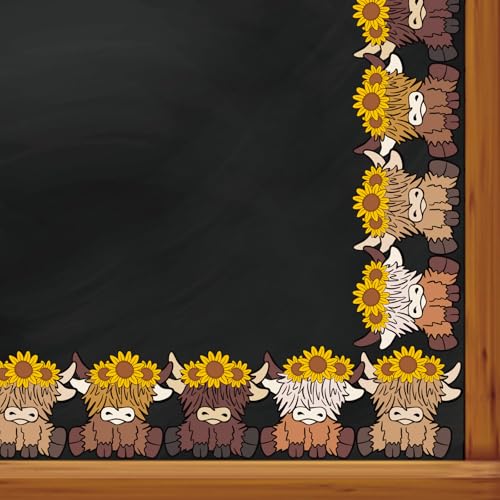Image of Whaline 32.8 Ft Highland Cow Bulletin Board Border Sunflower Cow Die-Cut Border Trim for Summer Back to School Chalkboard Wall Decoration