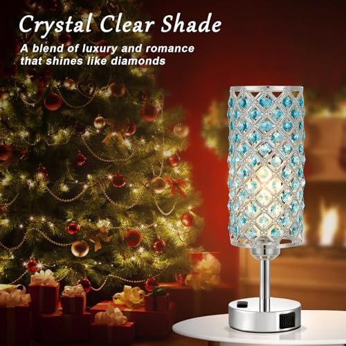 Image of Hong-in Blue Crystal Lamp Touch Control Set of 2, Crystal Table Lamps with USB C+A Ports & AC Outlet, 3-Way Dimmable Nightstand Touch Lamp, Modern Bedside Table Lamp for Bedroom(Bulbs Included)