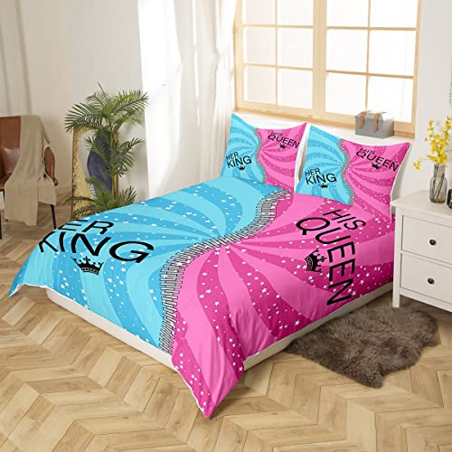 Homewish His And Her Duvet Cover Set King And Queen Bedding Set For Couple Blue Pink Spiral Swirl Stars Stripes Comforter Cover Set Romantic Valentines Presents King Size - Image 2