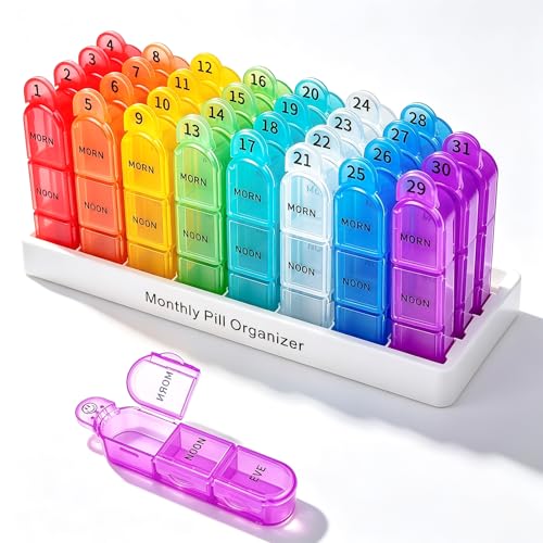 Cruxer Monthly Pill Organiser 3 Times a Day Detachable 31 Day Pill Box Travel 3 Times Pill Container Pill Case 1 Month 32 Compartments Tablet Organiser to Hold Vitamins Fish Oil Supplements