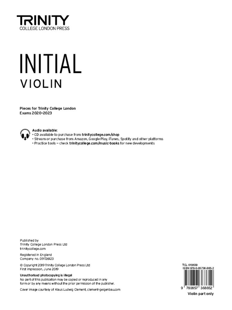 Trinity College London Violin Exam Pieces From 2020: Initial Grade (Part Only)