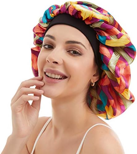 Large Satin Sleep Cap Silk Elastic Night Sleeping Hat Bonnet Nightcap Head Cover with Comfortable Wide Band for Women (TW-1)