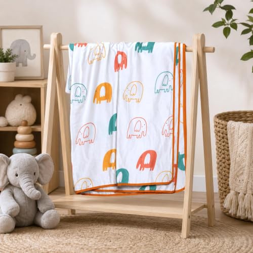 Image of LORETO - A QUALITY LINEN BRAND 100% Cambric Cotton Double Dohar 88 x 90 Inches, 3-Layer Lightweight AC Blanket with Soft Cotton Flannel Filling, Summer Quilt, Reversible, Coral Green Elephants