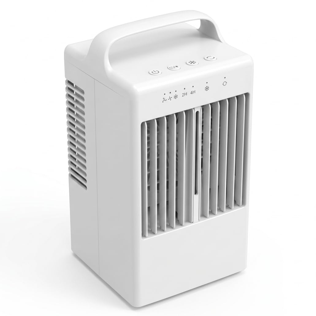 Mini Portable Air Conditioner, Mini Air Cooler Fan With Humidifier & Ambient Light, 3-speed Oscillating Small Conditioner For Desktop, White.