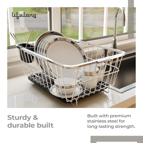 Lifelong Kitchen Organizer Stainless Steel Drying Rack -Vessel,Dish,Utensil Drainer Basket with Drip Tray, Suitable for All Utensils, Crockery, Plates & Curved Dish   with Spoon Holder -Over Sink Bartan Stand - Image 2 thumbnail