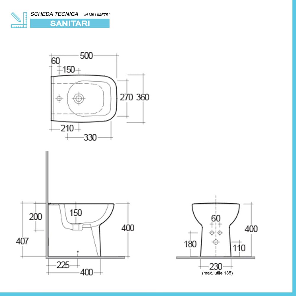 Coppia di sanitari monoblocco con scarico a pavimento e cassetta in ceramica, bidet FILOMURO e copriwc originale, ORIGIN