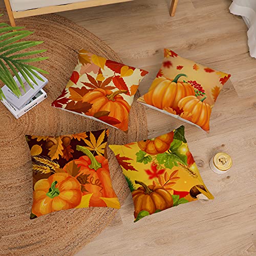 Set Of 4 Fall Pillow Covers 18X18 Inch Fall Thanksgiving Pumpkins Throw Pillows Covers Autumn Leaves Decorative Cushion Covers Outdoor Sofa Couch Pillow Cases Fall Halloween Decorations (18 By 18) #TOP5