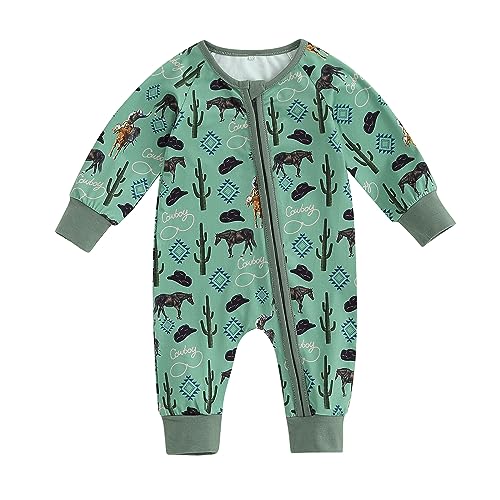 Image of KOSUSANILL Western Baby Girl Boy Clothes Cow Print Long Sleeve Zipper Romper Bodysuit Crewneck Jumpsuit Fall Winter Outfit
