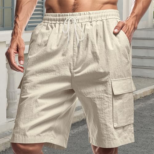 Image of Mens Linen Shorts Casual Drawstring Elastic Waist Cargo Vacation Lightweight Breathable Summer Beach Shorts for Men
