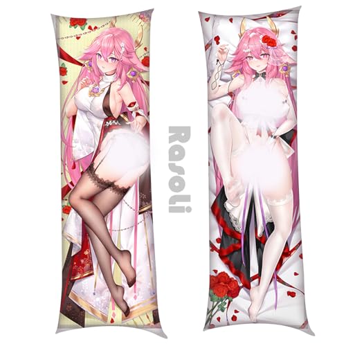 Anime Game Dakimakura Hugging Body Pillow Cover 150x50cm(59in X 19.6in), Double-Sided Printed Decorative Peach Skin Pillowcase (Yae Miko_1)